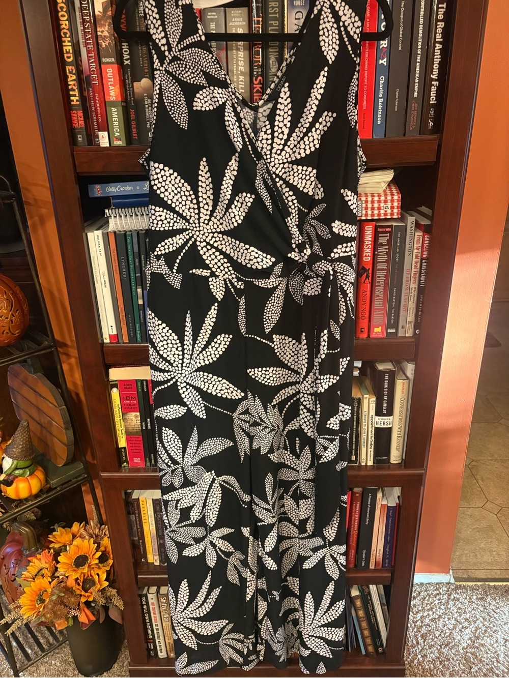 dennis basso Black jumpsuit with White Leaf Print